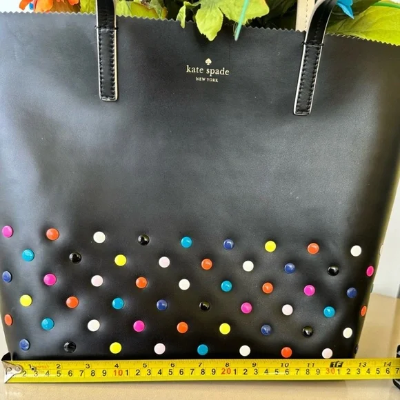 Kate Spade NEW Black Leather Multicolor Dots Tote Bag, Dust Bag Included